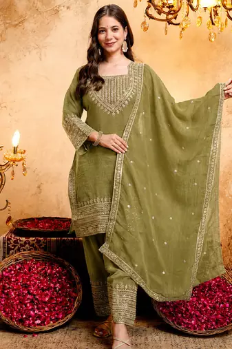 Mehendi embroidered kurta with salwar & dupatta set