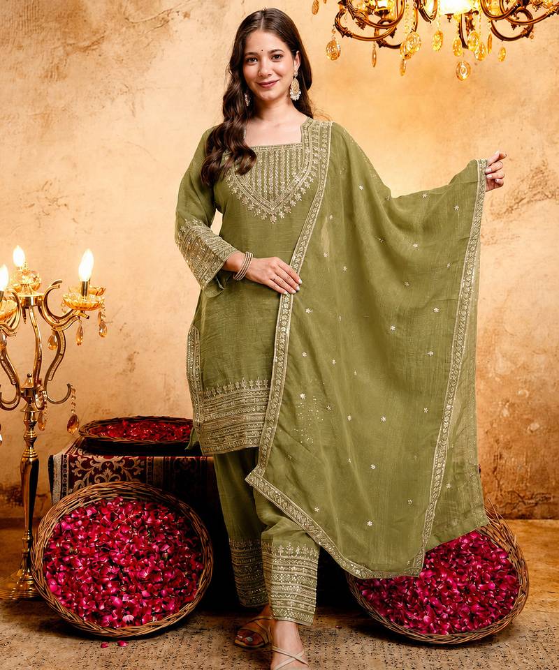 Mehendi embroidered kurta with salwar & dupatta set