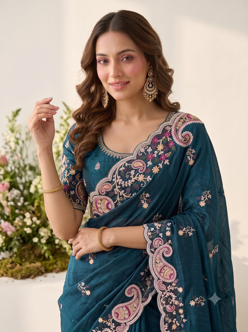 Teal blue silk blend saree with contrast thread embroidery & designer scallop cutwork border with heavy blouse