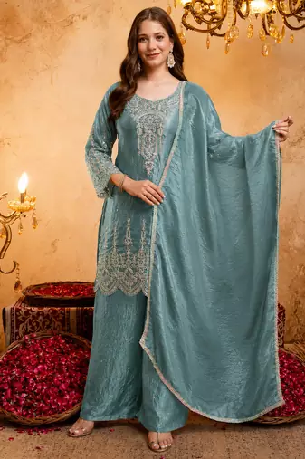 Blue embroidered kurta with ghaghra palazzo & dupatta set