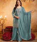 Blue embroidered kurta with ghaghra palazzo & dupatta set