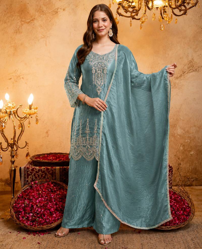 Blue embroidered kurta with ghaghra palazzo & dupatta set