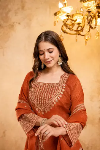 Orange embroidered kurta with salwar & dupatta set