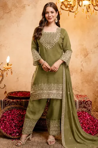 Mehendi embroidered kurta with salwar & dupatta set
