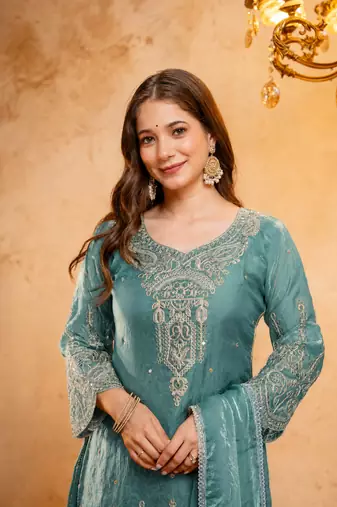 Blue embroidered kurta with ghaghra palazzo & dupatta set