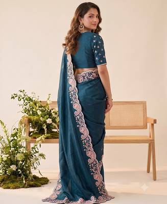 Teal blue silk blend saree with contrast thread embroidery & designer scallop cutwork border with heavy blouse 3