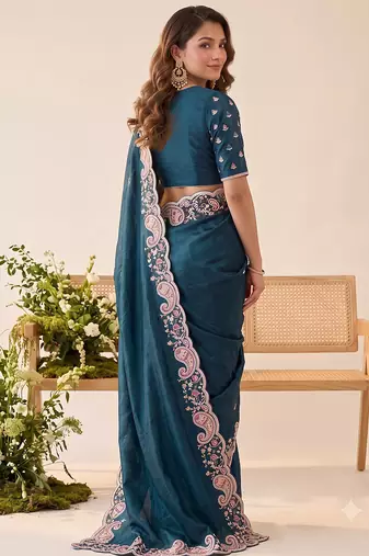 Teal blue silk blend saree with contrast thread embroidery & designer scallop cutwork border with heavy blouse