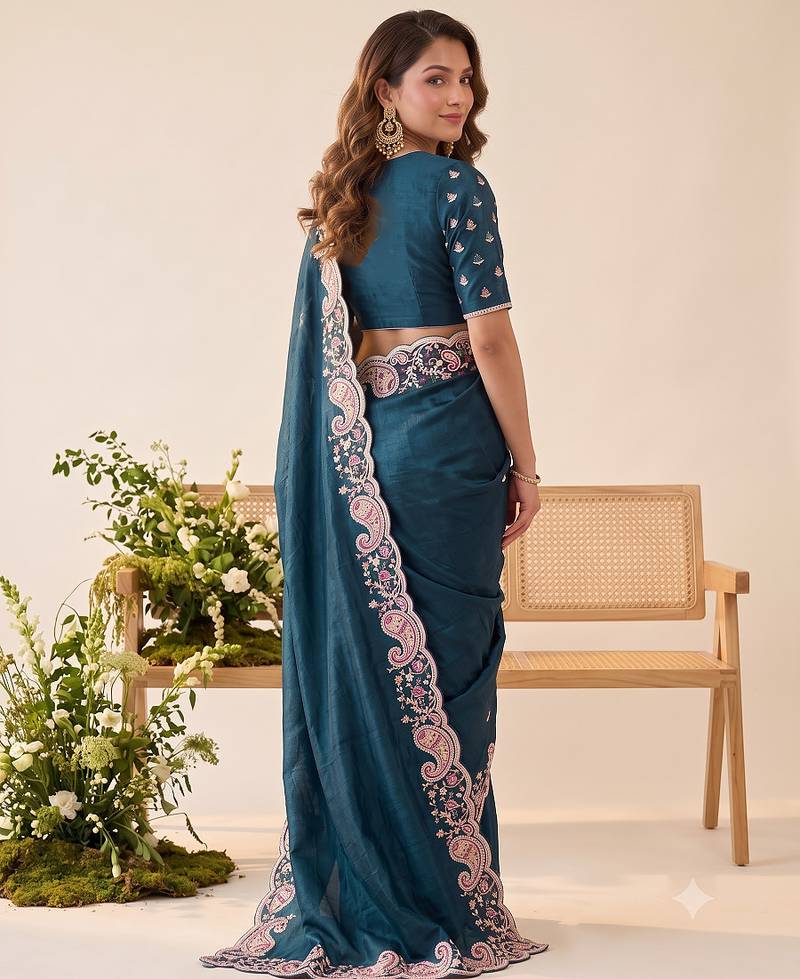 Teal blue silk blend saree with contrast thread embroidery & designer scallop cutwork border with heavy blouse