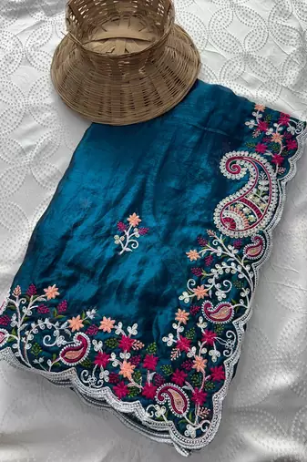 Teal blue silk blend saree with contrast thread embroidery & designer scallop cutwork border with heavy blouse