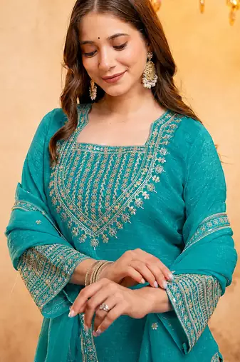 Sky blue embroidered kurta with salwar & dupatta set
