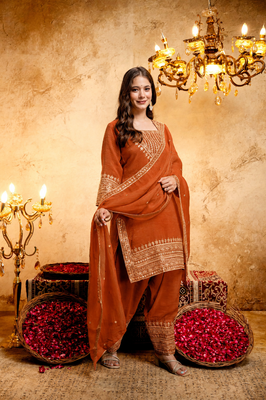Orange embroidered kurta with salwar & dupatta set 3
