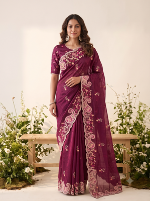 Wine silk blend saree with contrast thread embroidery & designer scallop cutwork border with heavy blouse 1