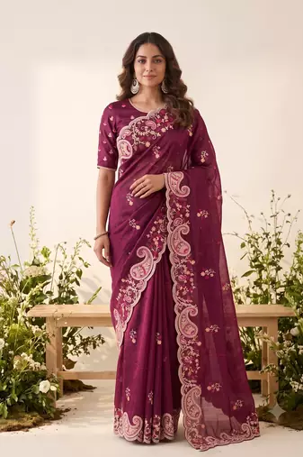 Wine silk blend saree with contrast thread embroidery & designer scallop cutwork border with heavy blouse