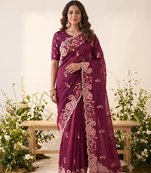 Wine silk blend saree with contrast thread embroidery & designer scallop cutwork border with heavy blouse