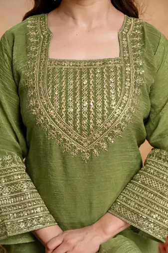 Mehendi embroidered kurta with salwar & dupatta set