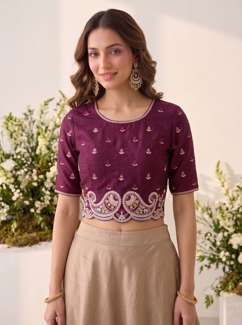 Wine silk blend saree with contrast thread embroidery & designer scallop cutwork border with heavy blouse