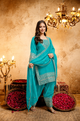 Sky blue embroidered kurta with salwar & dupatta set 4
