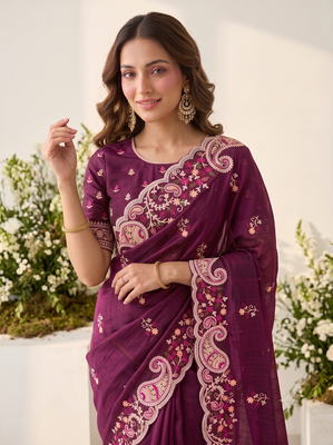 Wine silk blend saree with contrast thread embroidery & designer scallop cutwork border with heavy blouse 3
