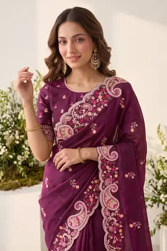 Wine silk blend saree with contrast thread embroidery & designer scallop cutwork border with heavy blouse