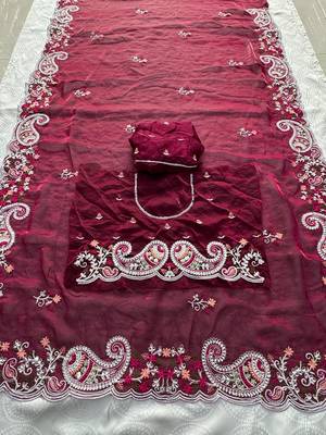Wine silk blend saree with contrast thread embroidery & designer scallop cutwork border with heavy blouse 4