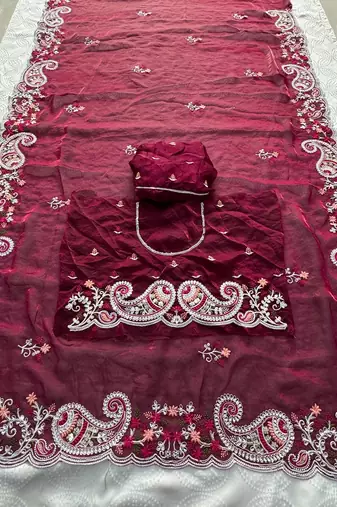 Wine silk blend saree with contrast thread embroidery & designer scallop cutwork border with heavy blouse