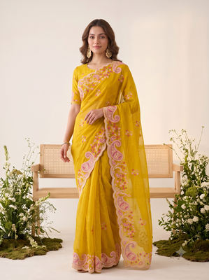 Yellow silk blend saree with contrast thread embroidery & designer scallop cutwork border with heavy blouse 1