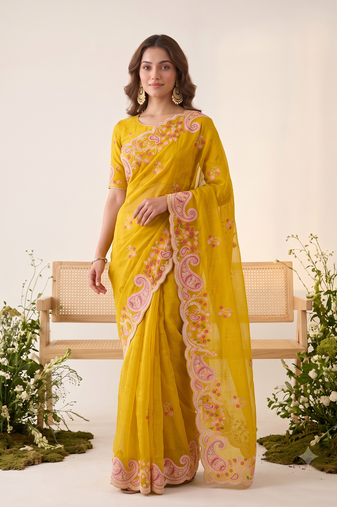 Yellow silk blend saree with contrast thread embroidery & designer scallop cutwork border with heavy blouse