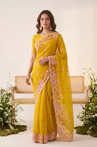 Yellow silk blend saree with contrast thread embroidery & designer scallop cutwork border with heavy blouse