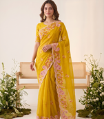 Yellow silk blend saree with contrast thread embroidery & designer scallop cutwork border with heavy blouse