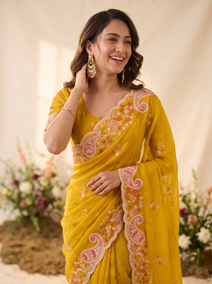 Yellow silk blend saree with contrast thread embroidery & designer scallop cutwork border with heavy blouse 2