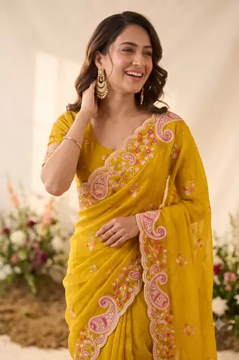Yellow silk blend saree with contrast thread embroidery & designer scallop cutwork border with heavy blouse