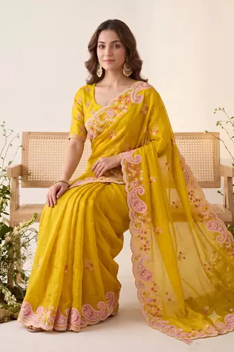 Yellow silk blend saree with contrast thread embroidery & designer scallop cutwork border with heavy blouse