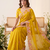 Yellow silk blend saree with contrast thread embroidery & designer scallop cutwork border with heavy blouse