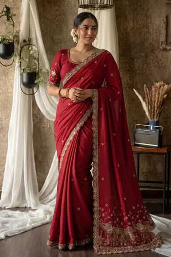 Women's red embroidered saree with blouse piece
