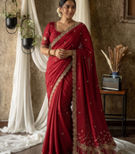 Women's red embroidered saree with blouse piece