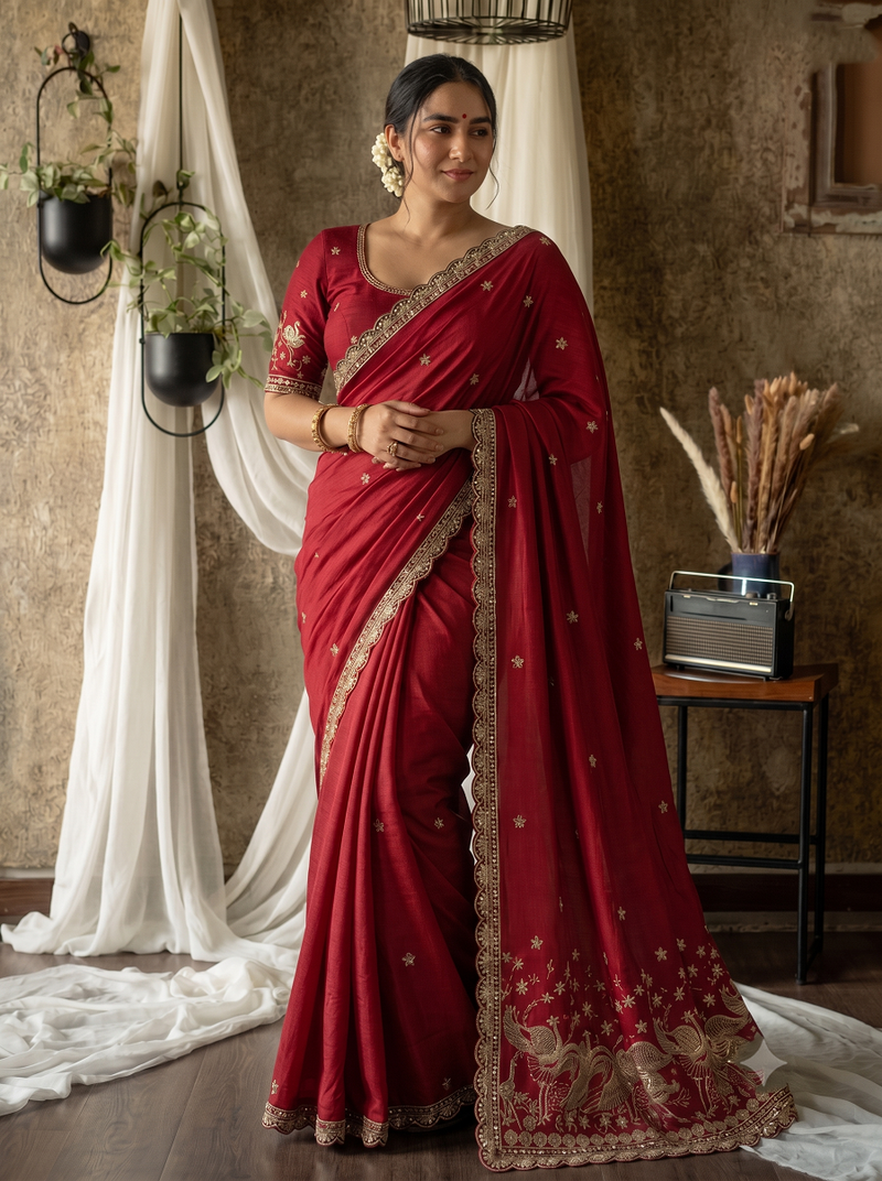 Women's red embroidered saree with blouse piece
