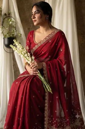 Women's red embroidered saree with blouse piece