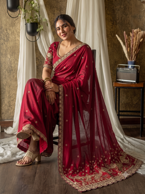 Women's red embroidered saree with blouse piece 3