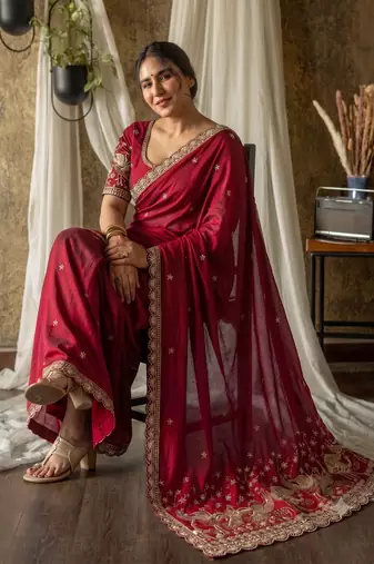 Women's red embroidered saree with blouse piece