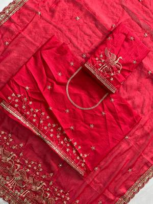 Women's red embroidered saree with blouse piece 4