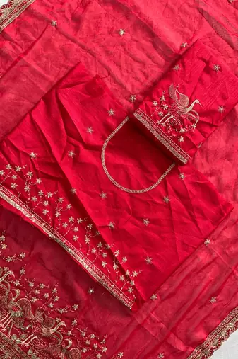 Women's red embroidered saree with blouse piece