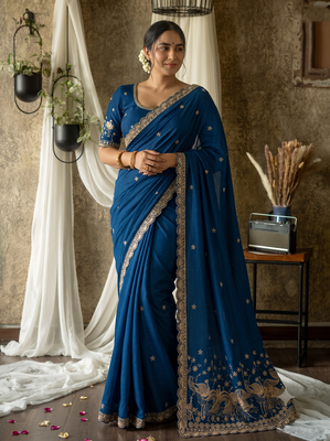 Women's teal blue embroidered saree with blouse piece 1
