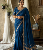 Women's teal blue embroidered saree with blouse piece