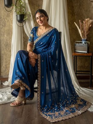 Women's teal blue embroidered saree with blouse piece 2