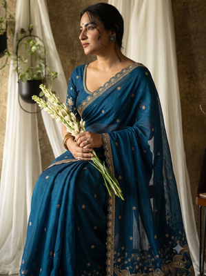 Women's teal blue embroidered saree with blouse piece 3