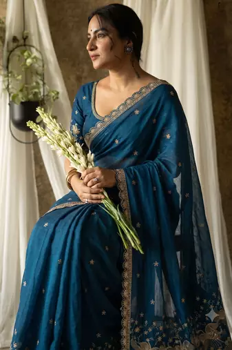 Women's teal blue embroidered saree with blouse piece