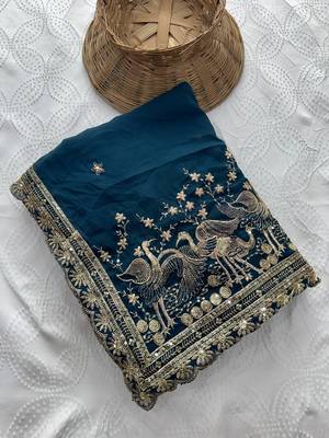 Women's teal blue embroidered saree with blouse piece 4