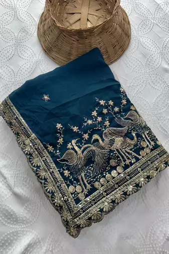 Women's teal blue embroidered saree with blouse piece
