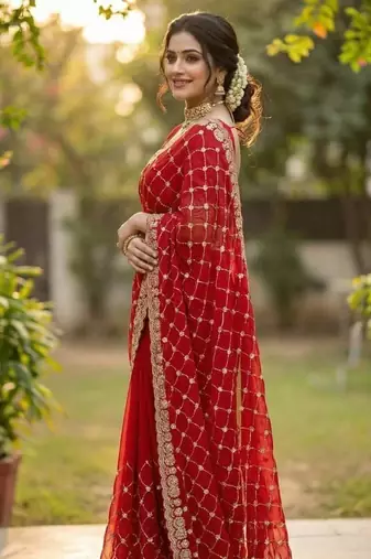 red color sequence embroidery work with cut work border silk blend saree