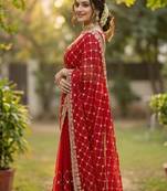 red color sequence embroidery work with cut work border silk blend saree